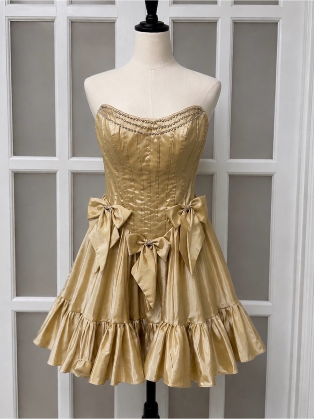 Gold Satin Strapless Bow Party Dress Ruffle Hem Rhinestone Trim Size 2 XS